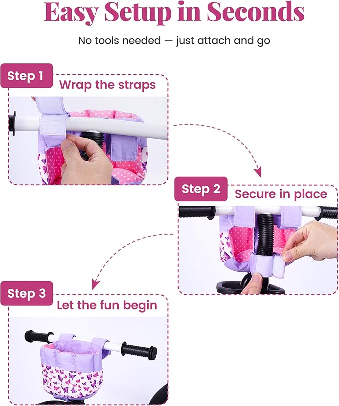 BABESIDE Doll Bike Seat for 12 Inch Dolls, Butterfly Doll Carrier for Kids Bike and Scooter, Baby Doll Accessories for Outdoor Play, Doll Bicycle Seat Gift for Girls Age 3+