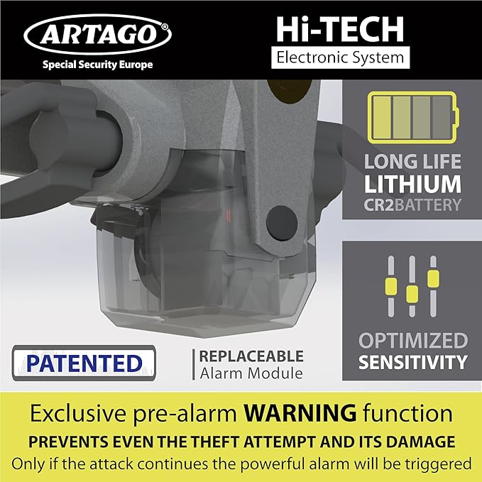 ARTAGO 870 High-End Steering Wheel Lock 2in1 | Smart Alarm, 120dB, Theft Attempt Warning, Night LED Alert | More Secure & Deterrent Around a Spoke, Best Anti-Theft Device for Car SUV Pickup-Truck Van