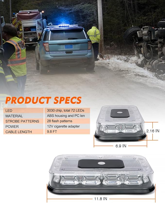 LUMENIX LED Roof Top Strobe Beacon Light Bar Rooftop Security Warning Emergency Flashing Plow Lights for Police Firefighters Volunteer POV Vehicles Trucks Cars - Blue