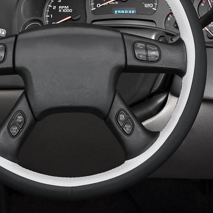 MEWANT Hand Stitched Steering Wheel Cover for Chevy Silverado 1500 2003-2006 Trailblazer White Black Faux Leather Wrap