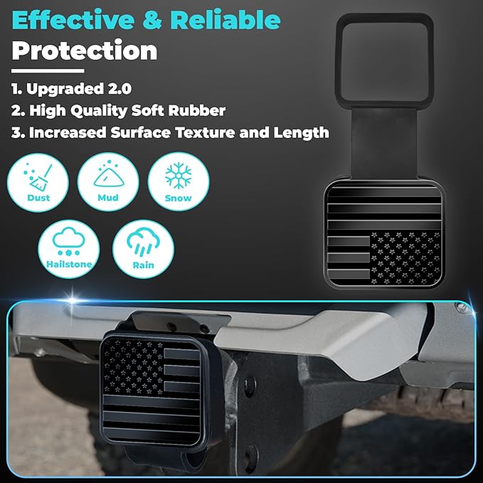 2 Inch Rubber Trailer Hitch Cover, Durable Tow Hitch Covers with American Flag, Car Exterior Accessories Fits for 2 Inches Hitch Receivers, Hitch Cover Tube Plug Cap for Trucks(Black&Black Line)