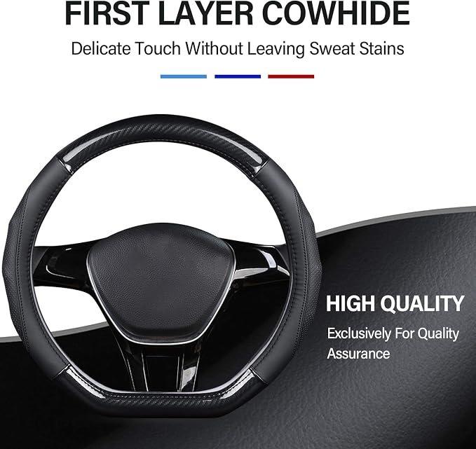 Ergocar Car Steering Wheel Cover Non-Slip Car Steering Wheel Protector Sport D-Shape Carbon Fiber & First Layer Cowhide Universal for Diameter 38cm(15") (D-Black-red)