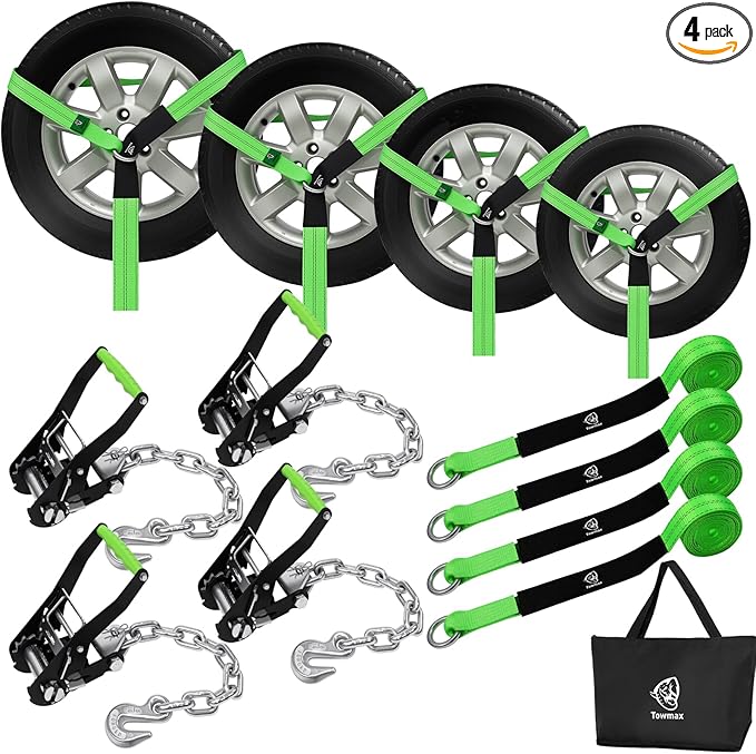 4 Pack Car Tie Down Straps for Trailers - 2" x 8' Heavy Duty Tire Straps with Chain Anchors - 10,000lbs Break Strength, Adjustable Lasso Style Wheel Straps for Hauling Cars, Truck, UTV(Green)