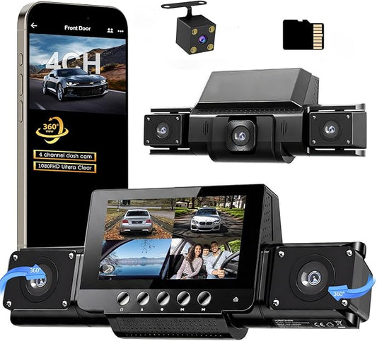 4 Channel Dash Cam 360 View for All-Round Protection, 4-Way Front Rear Inside Recording, Built-in 5G WiFi & GPS, APP Control, 8 IR Night Vision, 24H Parking Monitor, G-Sensor, Free TF Card