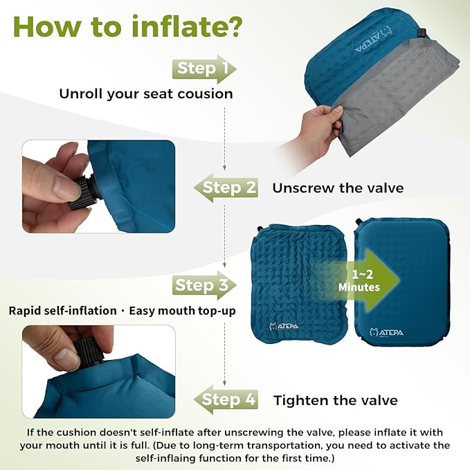 ATEPA Inflatable Seat Cushion, Compact Self-Inflating Seat Cushion for Stadium Airplane Air Travel Bleacher Camping, Blow Up Foam Seat Pad for Outdoor Sports Events Backpacking Hiking Sitting