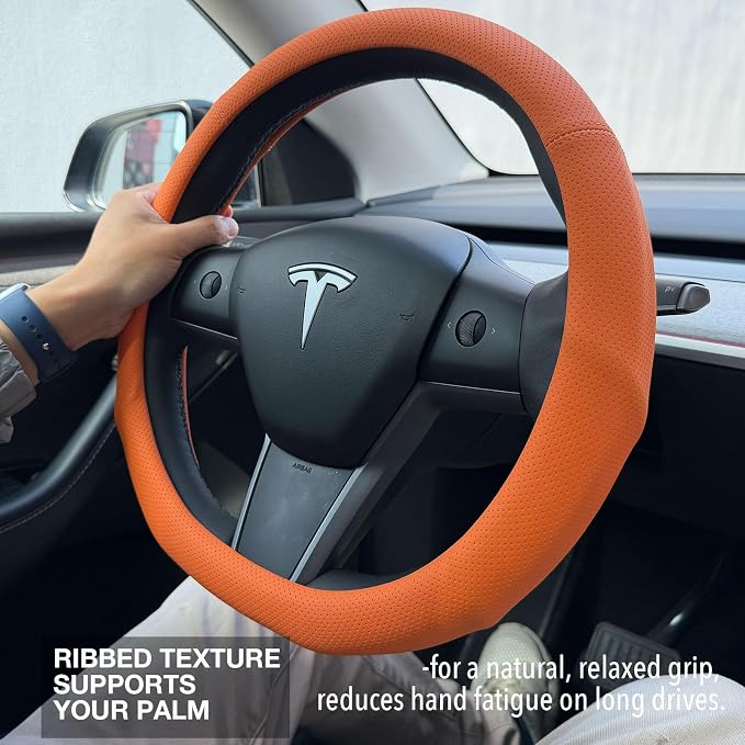PINCTROT Supported Grip Nappa Leather Steering Wheel Cover for Tesla Model Y/3 Highland/Juniper, D Shaped 14 Inch Small Sized with Breathable Perforation, Flat Bottom 14 Inch(Hot Orange)