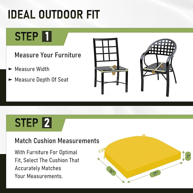 Basic Beyond Outdoor Chair Cushions Set of 4, Outdoor Cushions for Patio Furniture, Water Resistant Patio Chair Cushions with 2 Ties, 17x16x2, Yellow