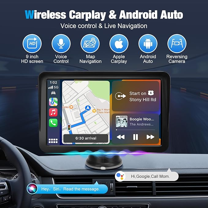 9" Wireless CarPlay Screen for Car, Apple CarPlay & Android Auto Receiver with 1080P Backup Camera, HD Touchscreen, Bluetooth, GPS, Voice Control，Universal Fit for All Cars