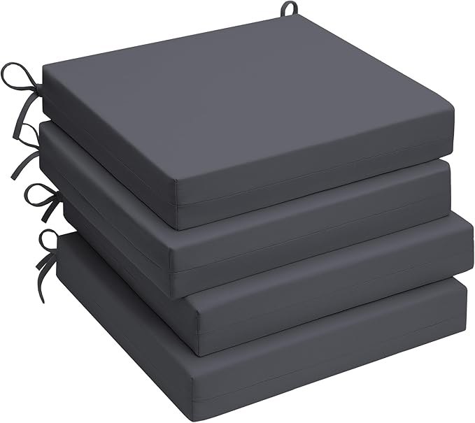 UNIKOME Outdoor Chair Cushions Pack of 4, Water Resistant Patio Cushions with Ties, High Density Sponge Filling Square Corner Seat Cushions for Outdoor Furniture, 19"*19"*3", Grey