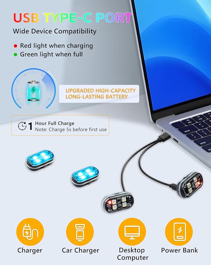 Upgraded 4PCS Wireless LED Strobe Lights for Car, 8 Colors Interior Car Lights with Remote Control, USB-C charging Warning Light for Car Motorcycle Drone Bike Decor
