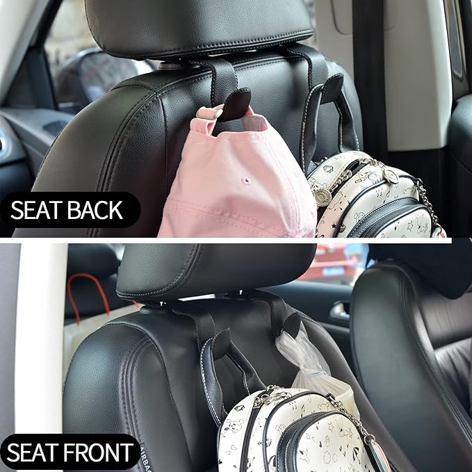 Car Hooks Universal Car Vehicle Back Seat Headrest Hanger Holder Hook Microfiber Leather & Stainless Steel for Bag Purse Cloth Drink Grocery (Black)