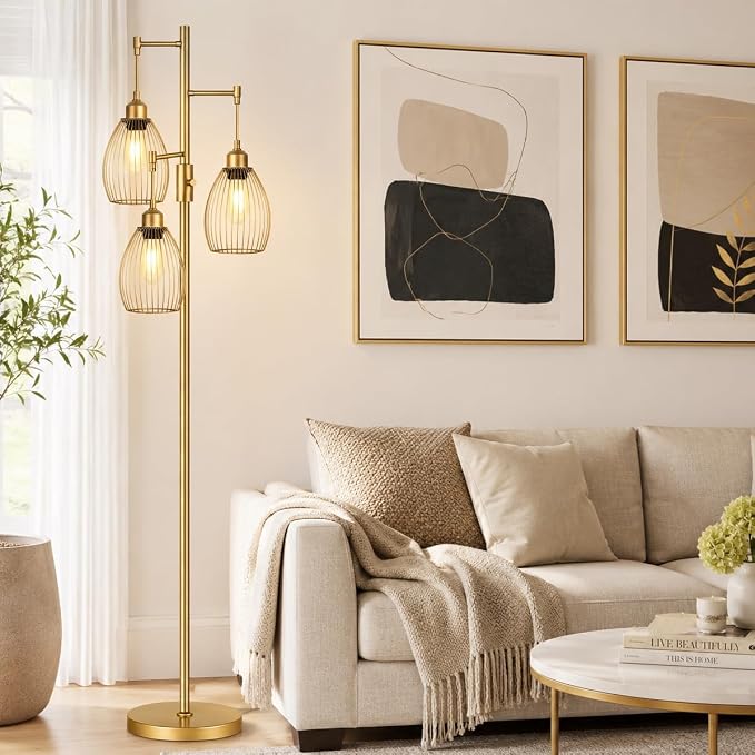 Dimmable Floor Lamp, 3 x 800LM LED Edison Bulbs Included, Farmhouse Industrial Floor Lamp Standing Tree Lamp with Elegant Teardrop Cage Head Tall Lamp for Living Room Bedroom Office Dining Room - Gold