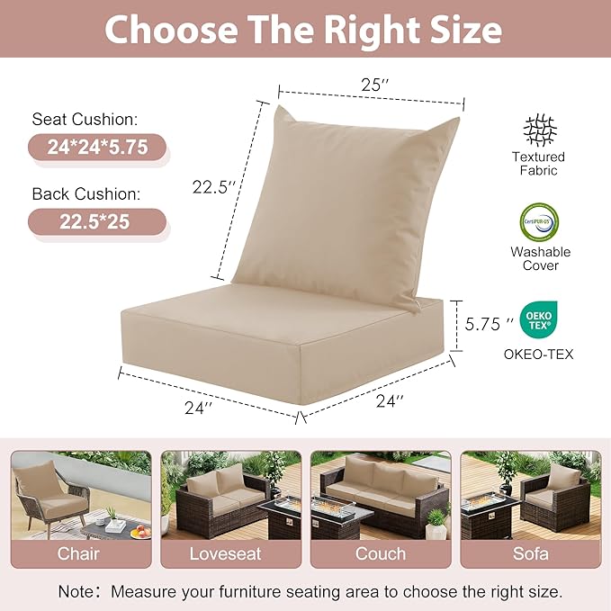 Outdoor Deep Seat Cushion Set, 24x24 Inch Water-Resistant & Fade-Resistant Outdoor Chair Cushions, Patio Furniture Cushions with Removable Cover for Patio Chair, Sofa, Beige (Set of 1)