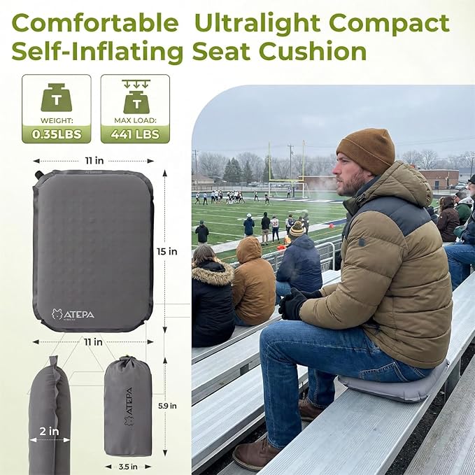 ATEPA Inflatable Seat Cushion, Compact Self-Inflating Seat Cushion for Stadium Airplane Air Travel Bleacher Camping, Blow Up Foam Seat Pad for Outdoor Sports Events Backpacking Hiking Sitting