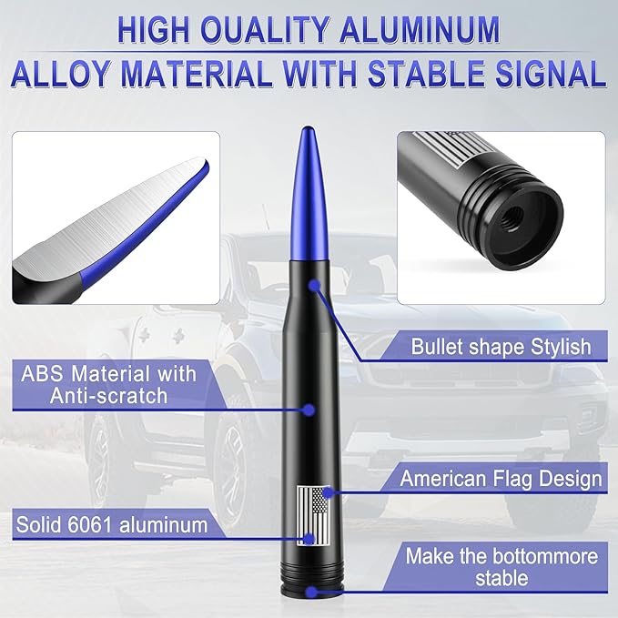 BJSIA American Flag Car Antenna for Truck with Valve Stem Caps - Universal Compatible with Ford, Dodge, Chevrolet, GMC, Jeep, Toyota Truck Car Accessories, Heavy Duty Pickup Trucks Accessories - Blue