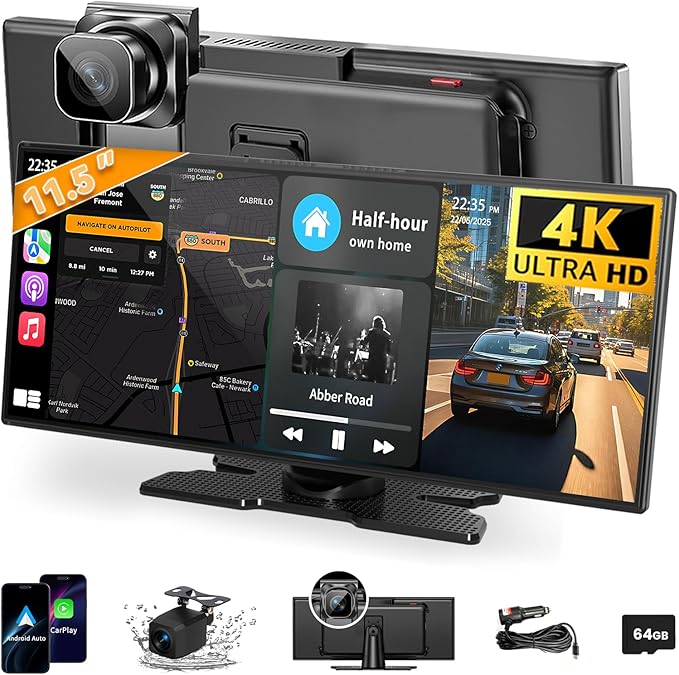 Largest 11.5 inch Wireless CarPlay Screen for Car, A-pple CarPlay & Android Auto HD Touchscreen with 4K Dash Cam/1080P Backup Camera/Navigation/Bluetooth/Voice Control/FM/Mirror Link,for All Vehicles
