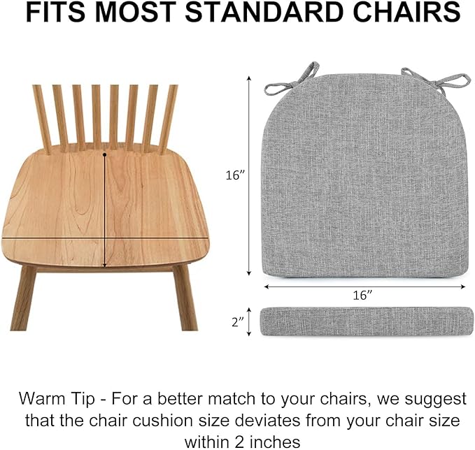 Wellsin Chair Cushions for Dining Chairs 6 Pack - Kitchen Chair Cushions with Ties and Non-Slip Backing - Dining Chair Pads 16"X16"X2", Light Gray