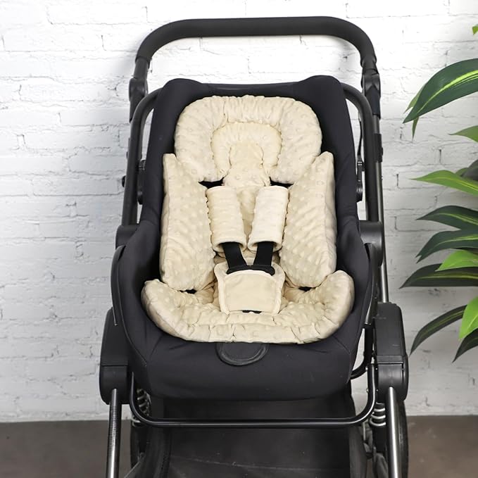 Infant Car Seat Insert Boy Girl, 3 in 1 Newborn Carseat Insert with Strap Pads, Car Seat Head Support for Baby Strollers, Swings, and Bouncers, Comfortable and Machine Washable, Beige