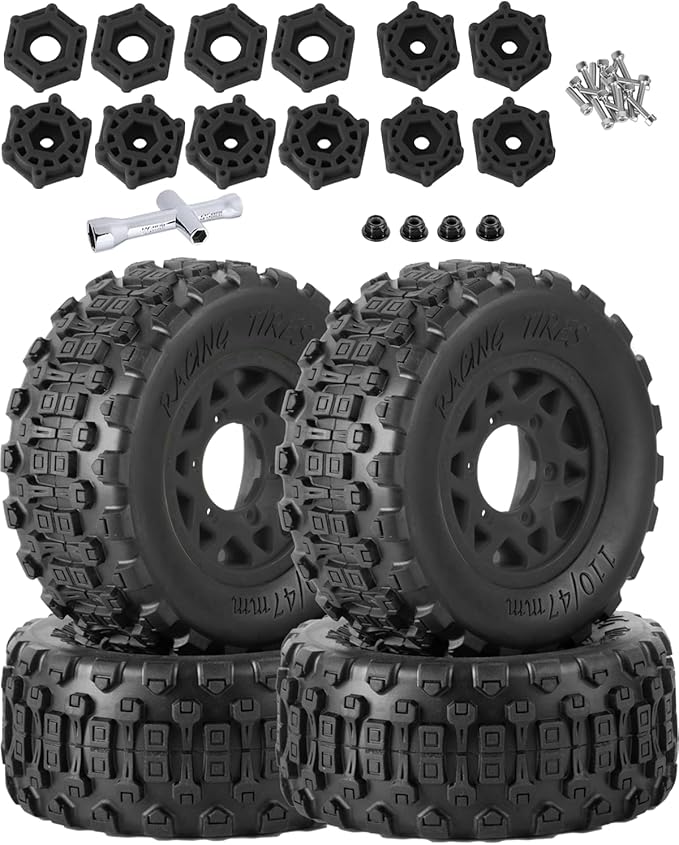 RC Truck Tires RC Wheels and Tires,12mm/14mm/17mm Hex RC Tires for 1/10 Slash 4×4 2WD,Arrm a Senton,Axia1 Red cat Rc 4wd,Off-Road Tire w/RC Wheels Hex,Black