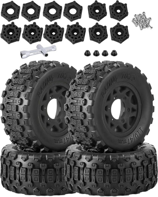 RC Truck Tires RC Wheels and Tires,12mm/14mm/17mm Hex RC Tires for 1/10 Slash 4×4 2WD,Arrm a Senton,Axia1 Red cat Rc 4wd,Off-Road Tire w/RC Wheels Hex,Black
