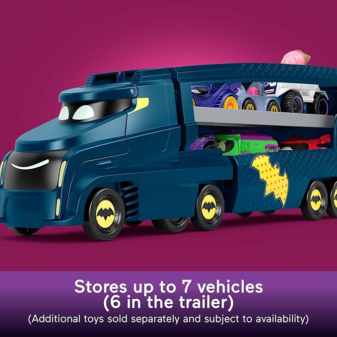Fisher-Price DC Batwheels Toy Hauler and Car, Bat-Big Rig with Ramp and Bam The Batmobile 1:55 Scale Diecast Toy Vehicle, Ages 3+ Years