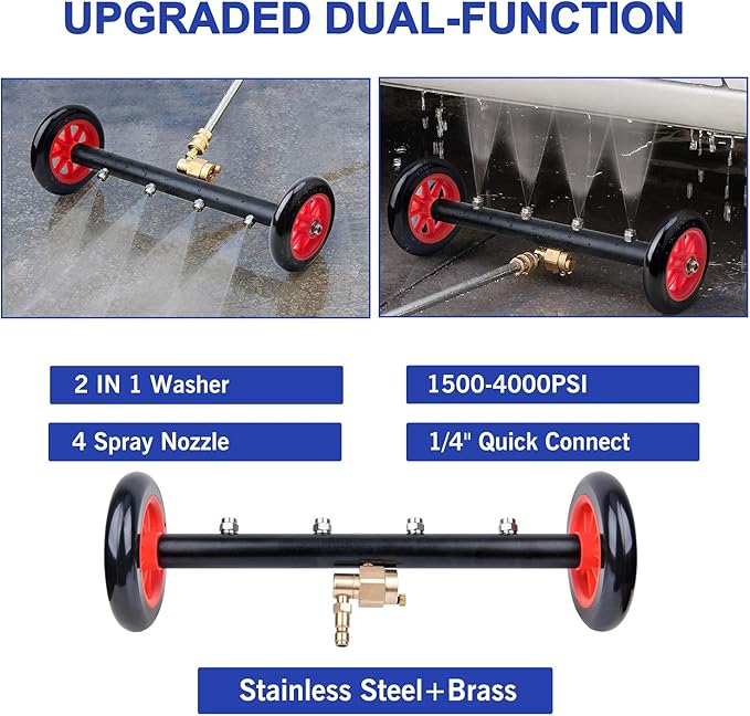 EVEAGE 2-in-1 Undercarriage Pressure Washer Attachment, 16" Pressure Washer Undercarriage Cleaner, Under Car Wash with Extension Wands Wash Mitt, Pressure Washer Accessories 4000 PSI, Red