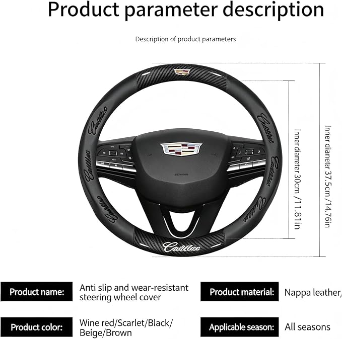 fir for Cadillac Steering Wheel Cover, Carbon Fiber Texture Nappa Leather,Custom Embossed Logo, Round Shape,Car Steering Wheel Protector Compatible with Cadillac Escalade XT4 XT5 XT6 Accessories