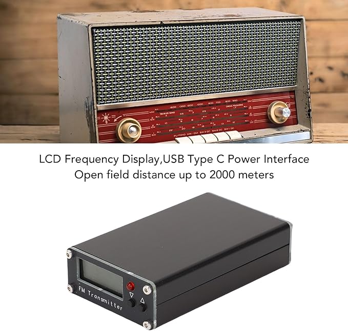ASHATA FM Stereo Transmitter with Antennae Frequency 76-108MHz LCD Display, 2000m Range USB Type C Power for Drive in School Events