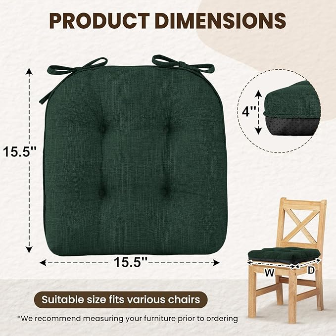downluxe Indoor Chair Cushions for Dining Chairs, Tufted Overstuffed Textured Kitchen Chair Pads with Ties and Non-Slip Backing, 15.5" x 15.5" x 4", Dark Green, 6 Pack