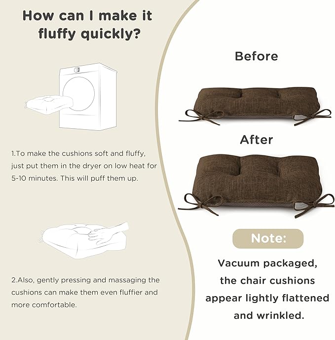 AddGrace Chair Cushions for Dining Chairs Set of 2 Kitchen Seat Cushions with Ties and Non Slip Backing Tufted Indoor Seat Pad for Kitchen Dining Room 18" x 17" x 3" Coffee