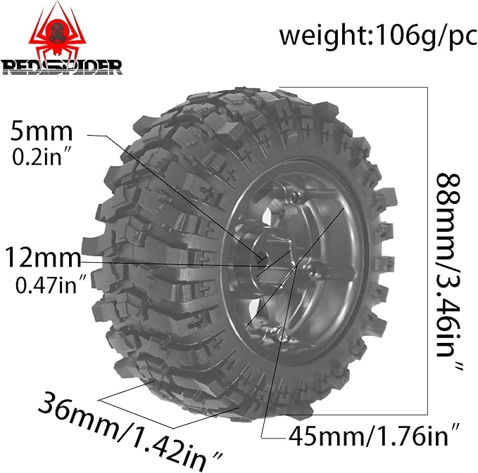 REDSPIDER Metal 1.9'' Beadlock Wheels and Crawler Tires OD 88MM/3.46'' (4PCS) for 1/12 RC Crawler MJX H12Y+ MN-128 MN82S LC79 ﻿ (Black)