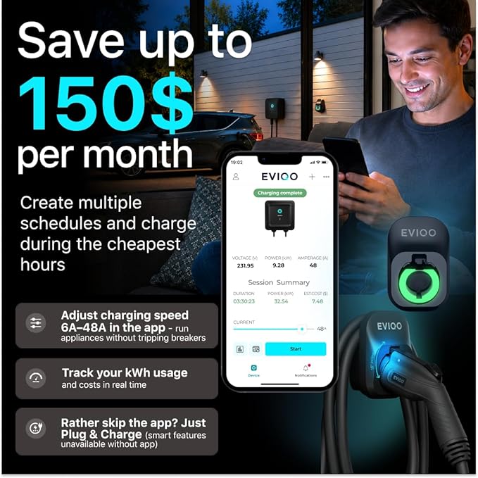 EVIQO Level 2 EV Charger, 48 Amp 240V, J1772 Charger for Non-Tesla EVs, 25ft Cable, WiFi (2.4GHz) Smart App, Weatherproof Indoor/Outdoor (IP66, NEMA 4), UL & ETL Certified, Hardwired, 11.5kW