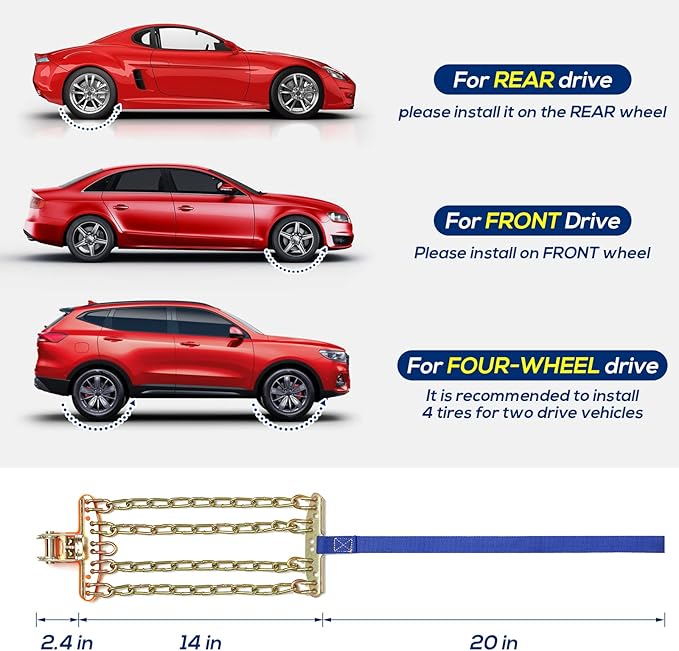 Snow Tire Chains for Car SUV Pickup Trucks, Universal Car Snow Chains, Snow Traction for Tires, Fit for Tire Width 195 205 215 220 225 235 240 245 255 265