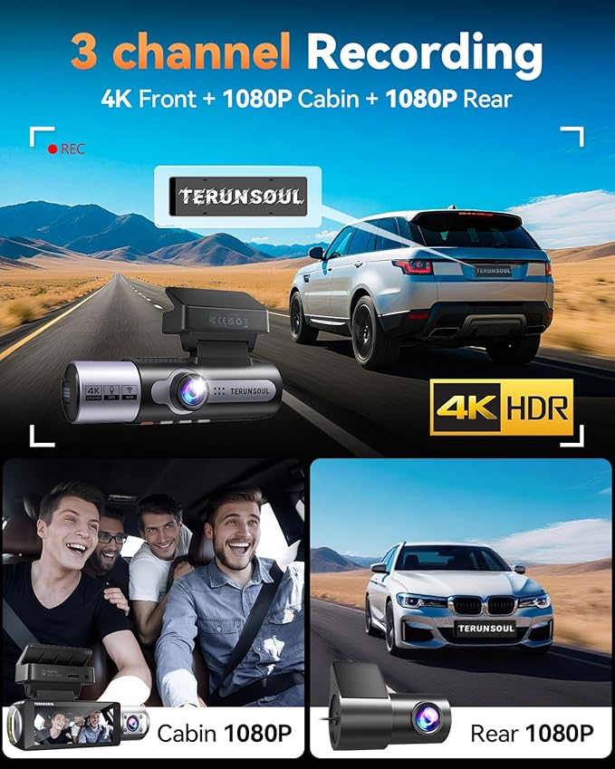 4K Dash Cam Front and Rear, Full HD 3 Channel Dashcam, Free 128GB Memory Card, Built-in 5.8GHz WiFi Built-in GPS, Collision Sensor, Night Vision, 3.16" IPS, 24H Parking Mode（Black）