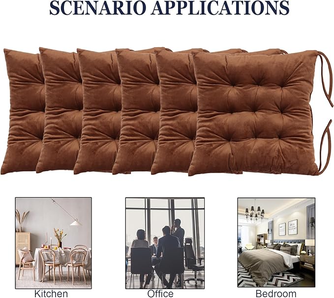 6 Pack Square Seat Cushion Chair Pads for Kitchen Dining Chairs, Soft Comfort Velvet Chair Mat Pillow Cushions with Ties for Office Desk Living Room Tatami 15.5", Coffee