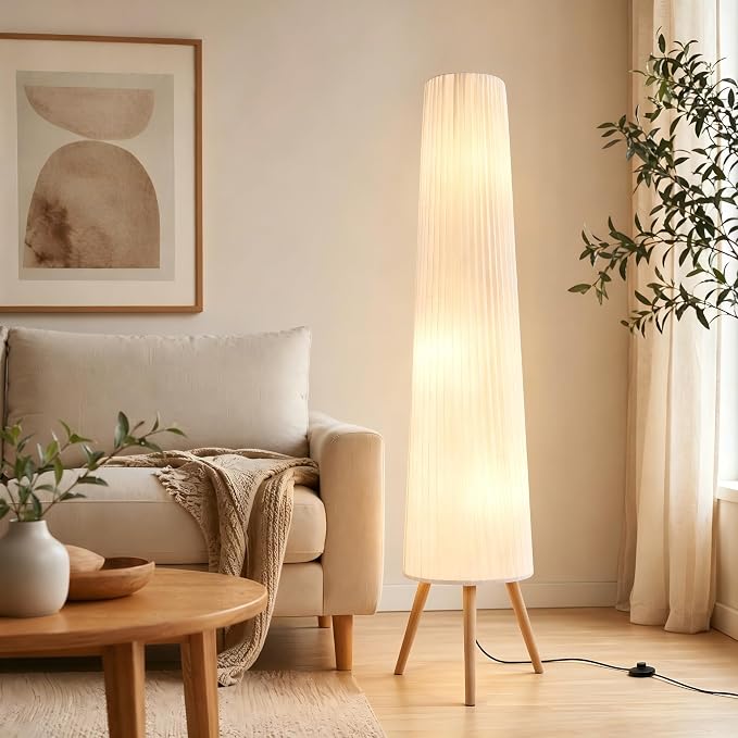 GyroVu 60 Inch Wood Floor Lamp, White Cloth Shade, Color Temperature Adjustable Softlighting Corner Lamp, 3 Bulbs Standing Lamp, Creative Ambient Light for Living Room Bedroom&Office-Bulbs Included