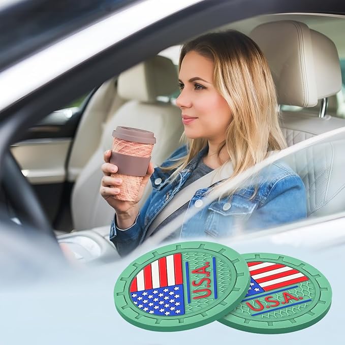AUCELI 4 Pack Car Cup Holder Coasters, Colored American Flag US Flag Insert Car Cup Coaster, 2.75 Inch Anti Slip Shockproof Embedded Drink Mat, Vehicle Interior Decor Accessories