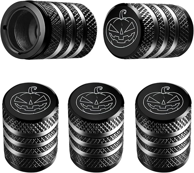 Tire Valve Stem Cap Cover - (5 Pack) Tire Air Cap Metal with Plastic Liner Corrosion Resistant Leak-Proof Halloween Pumpkin Car Decoration Accessories Black