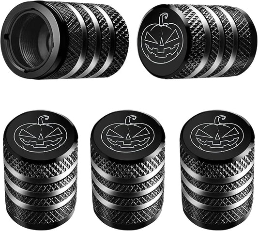 Tire Valve Stem Cap Cover - (5 Pack) Tire Air Cap Metal with Plastic Liner Corrosion Resistant Leak-Proof Halloween Pumpkin Car Decoration Accessories Black