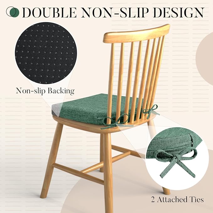 Basic Beyond Chair Cushions for Dining Chairs with Ties and Removable Cover, 2" Thick Seat Cushions for Kitchen Chairs, Set of 4, 17" x 16", Forest Green