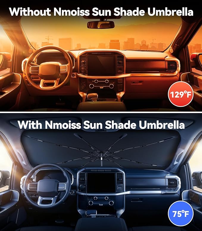 Nmoiss Windshield Sun Shade Umbrella for Ford - [Vinyl Coating Heat Shield] Protect Car from Sun Rays & Heat Damage Keep Cool and Protect Interior, Spring Structure Edge