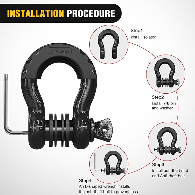Nilight 3/4 inch D Ring Shackle 2 Pack 19T (41,887 lbs) Break Strength 4.75T WLL Heavy Duty Towing Hook with Anti-Theft System Anti-Rattle Isolators for Truck Jeep SUV ATV UTV Recovery Black