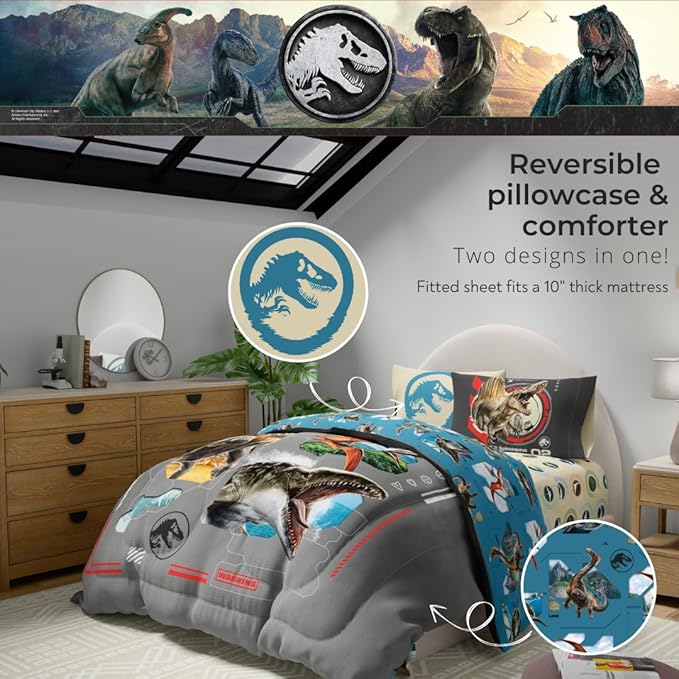 Jurassic World Rebirth Kids Bedding Super Soft Cozy Microfiber Comforter and Sheet Set, 5 Piece Full Size, (Officially Licensed Product) by Franco