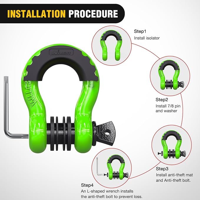Nilight 3/4 inch D Ring Shackle 2 Pack 19T (41,887 lbs) Break Strength 4.75T WLL Heavy Duty Towing Hook with Anti-Theft System Anti-Rattle Isolators for Truck Jeep SUV ATV UTV Recovery Green