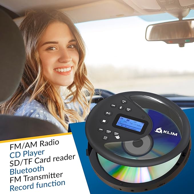 KLIM Discover - Portable CD Player with Long-Lasting Battery - New - with Headphones - Radio FM - Compatible MP3 CD Player Portable - SD Card, FM Transmitter, Bluetooth - Ideal for Cars