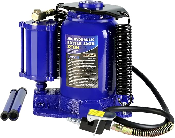32 Ton Air Hydraulic Bottle Jack with Air-Powered or Manual Operation, One-Piece Hydraulic Cylinder Design, Air Bottle Jack with Independent Air Pump Body and Carry Handle