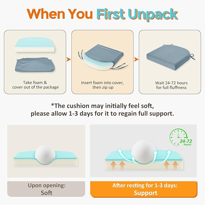 downluxe Chair Cushions for Dining Chairs, Memory Foam Linen Kitchen Chair Pads with Ties, Waterproof, Stain-Resistant and Washable Cover, 17" x 16" x 2.5", Light Blue, 2 Pack