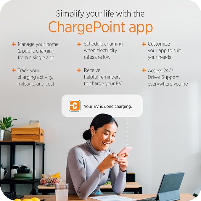 ChargePoint HomeFlex Level 2 EV Charger J1772 - Fast Smart Battery Power Charging at Home for Electric Automobile Vehicles - NEMA 14-50 Plug for Electric Car
