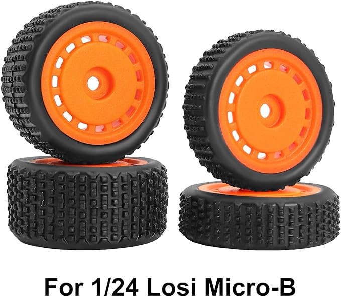 Pre-Mounted Pin Buggy Tires and Wheels Rims Hub Tires Set for 1/24 Losi Micro-B 1/28 Losi Micro-T Wltoys 244016 Upgrade Part (Orange Micro-B)