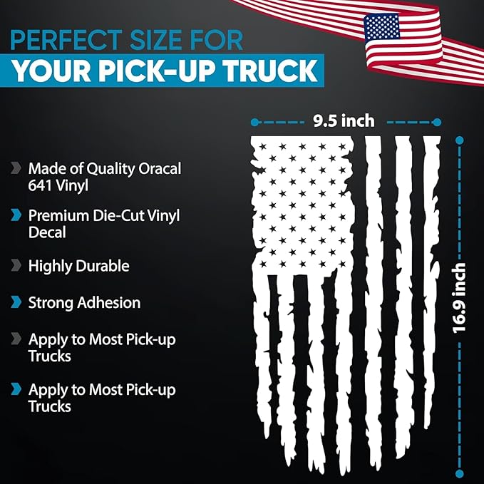 GRITKULTURE Distressed American Flag Vinyl Decal 17 inches by 9 inches for Trucks, Cars, and Windows Compatible with Most Pickup- Rear Graphic USA, US Flag Car Sticker (White)